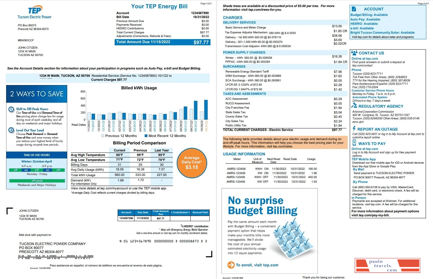 USA Arizona Tucson Electric Power (TEP) utility bill, Word and PDF template, 2 pages